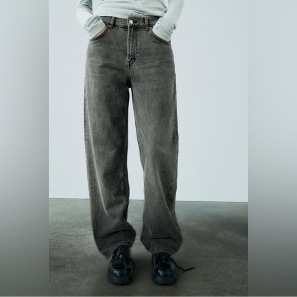 Zara Denim - Zara Wide Leg Jeans Washed Gray High Rise Size 4 Baggy Cotton Grunge Edgy Trendy